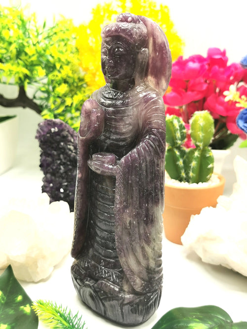 Buddha Statue in Lepidolite stone - Handmade carving of Lord Budha - crystal lapidary art 855 gms - Shwasam
