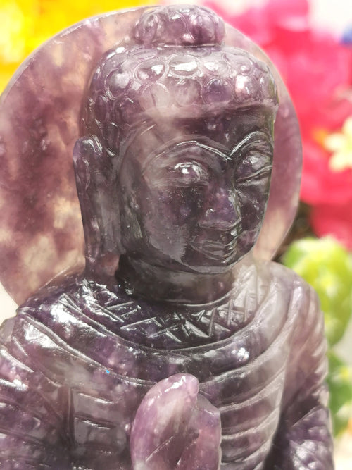 Buddha Statue in Lepidolite stone - Handmade carving of Lord Budha - crystal lapidary art 855 gms - Shwasam