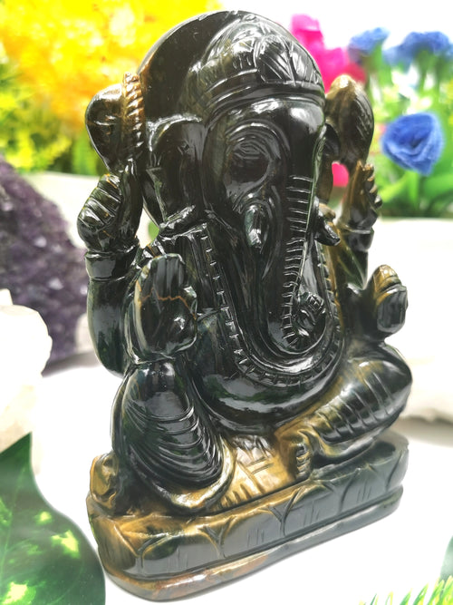 Blue Tiger Eye Handmade Carving of Ganesh - Lord Ganesha Idol | Sculpture in Crystals/Gemstones - Shwasam