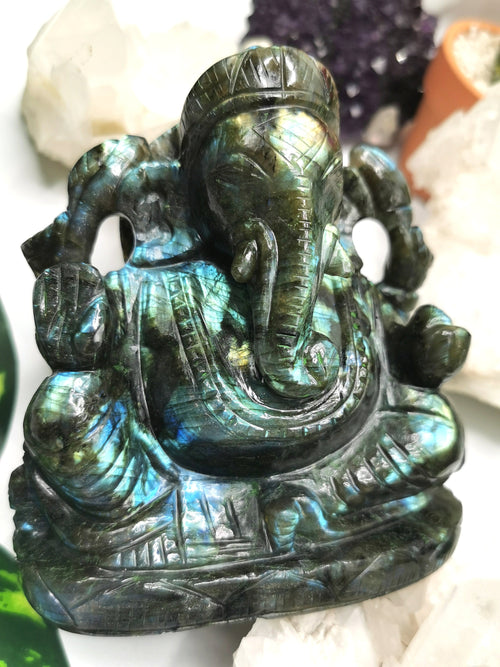 Ganesh Statue in Labradorite stone - Handmade Carving of Lord Ganesha Idol | Sculpture in Crystals Lapidary Art 0.96kg - Shwasam