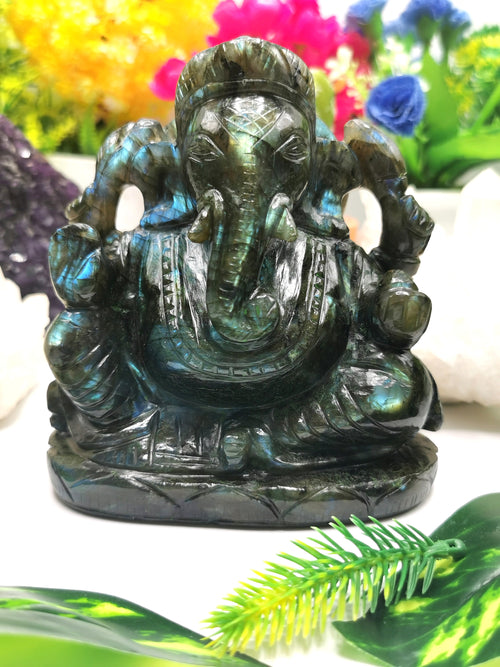 Ganesh Statue in Labradorite stone - Handmade Carving of Lord Ganesha Idol | Sculpture in Crystals Lapidary Art 0.96kg - Shwasam