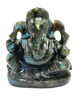 Ganesh Statue in Labradorite stone - Handmade Carving of Lord Ganesha Idol | Sculpture in Crystals Lapidary Art 0.96kg - Shwasam