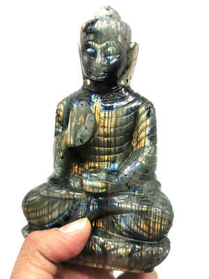 Labradorite Buddha Statue - handmade carving of meditating Lord Budda - crystal lapidary art 540 gms - Shwasam