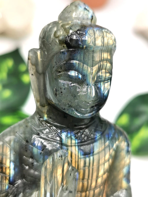Labradorite Buddha Statue - handmade carving of meditating Lord Budda - crystal lapidary art 540 gms - Shwasam