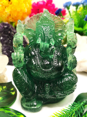 Green Fluorite Ganesh Statue Handmade Carving of Lord Ganesha Idol / Sculpture in Crystals and Gemstones - 1.66kg Lapidary Carving - Shwasam