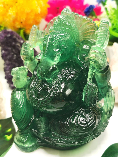 Green Fluorite Ganesh Statue Handmade Carving of Lord Ganesha Idol / Sculpture in Crystals and Gemstones - 1.66kg Lapidary Carving - Shwasam
