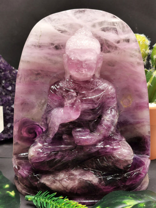 Buddha Statue in Purple Fluorite gemstone - handmade carving of serene and meditating Lord Buddha - 1.2 kg - Shwasam