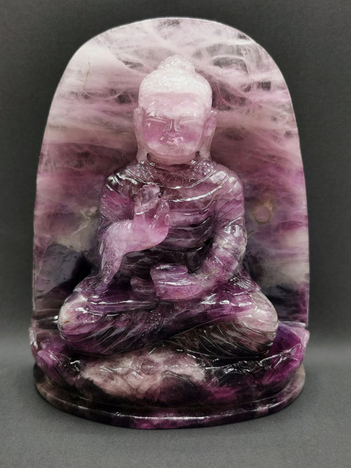 Buddha Statue in Purple Fluorite gemstone - handmade carving of serene and meditating Lord Buddha - 1.2 kg - Shwasam