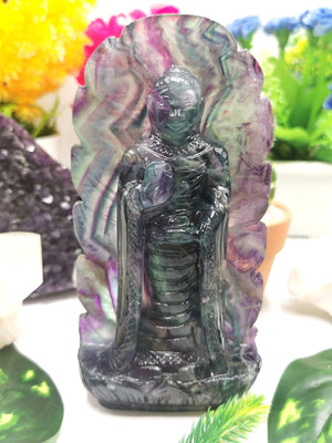 Buddha Statue Multicolor Fluorite - handmade carving of standing Lord Buddha - gemstone home decor, lapidary art 555 gms - Shwasam