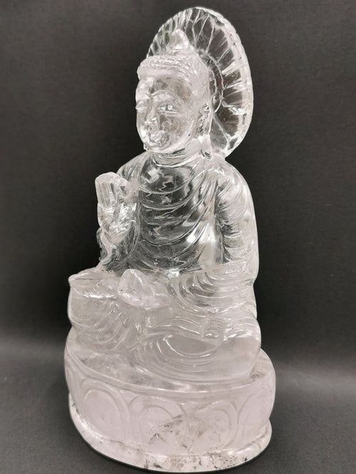 Clear Quartz or Clear Crystal Buddha - handmade carving of meditating Lord Budha - 780 gms - Shwasam