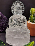 Clear Quartz or Clear Crystal Buddha - handmade carving of meditating Lord Budha - 780 gms - Shwasam