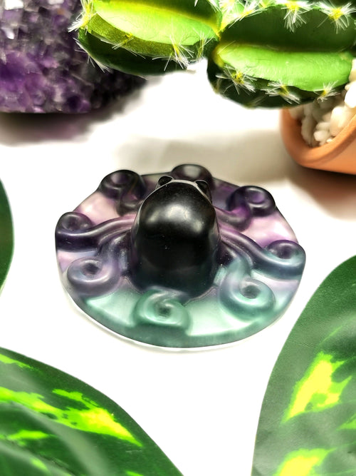 Rainbow Fluorite Stone carving of a beautiful Octopus - Handcarved lapidary art - Shwasam