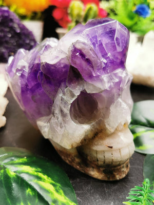 Amethyst Cluster Skull Carving - Incredible hand carved on natural amethsyt stone cluster - Shwasam