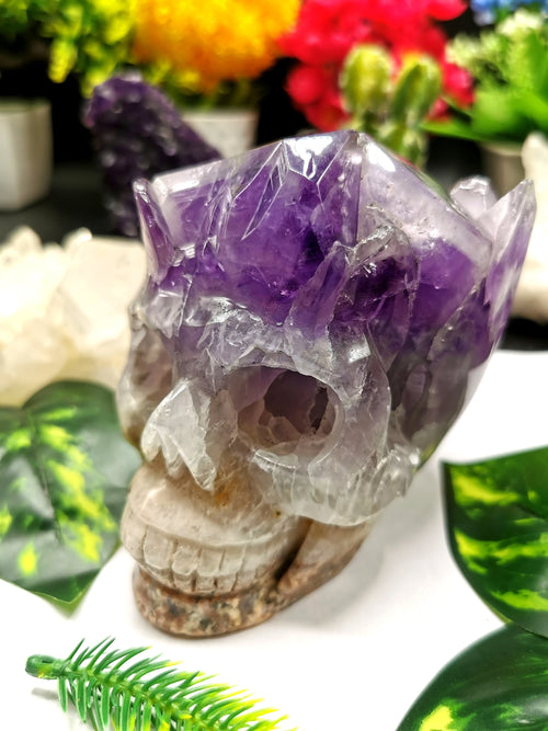 Amethyst Cluster Skull Carving - Incredible hand carved on natural amethsyt stone cluster - Shwasam