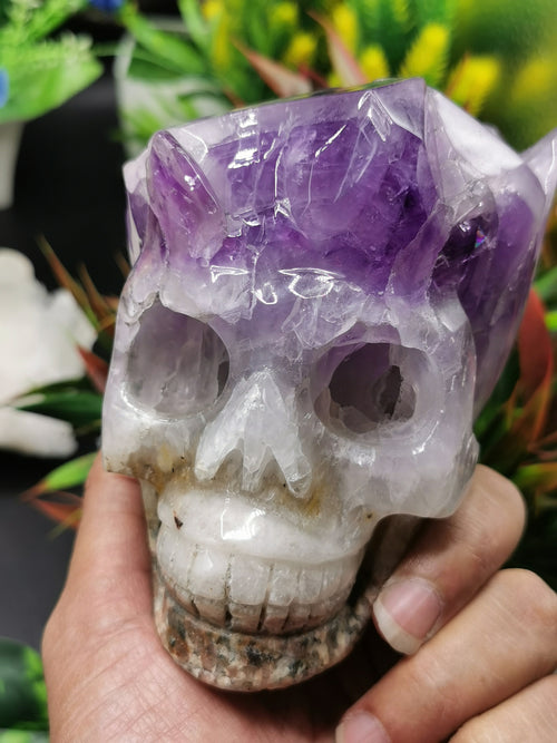 Amethyst Cluster Skull Carving - Incredible hand carved on natural amethsyt stone cluster - Shwasam