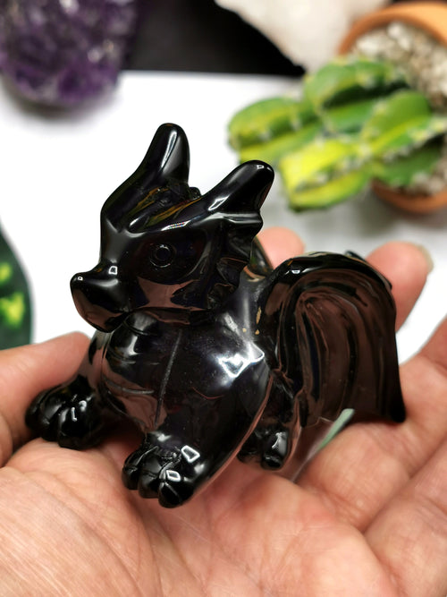 Black Obsidian stone carving of Flying Dragon - Hand carved unique piece - Shwasam