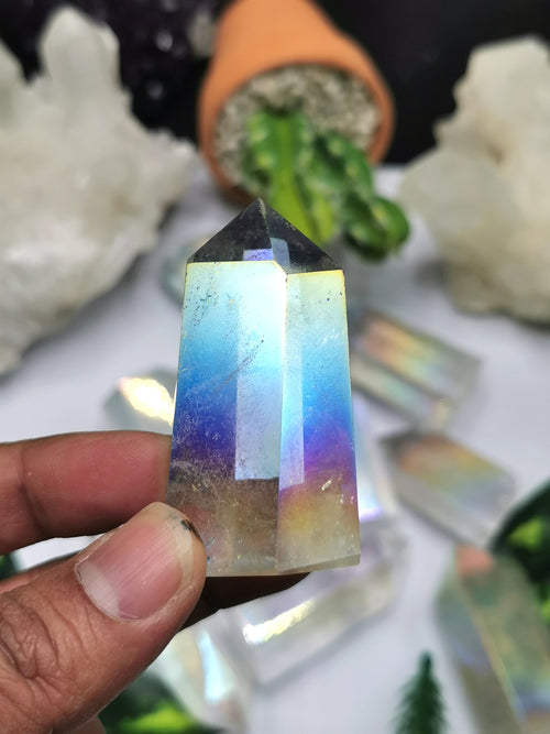 Angel Aura Quartz Point - Manmade crystal with rainbow flash, ideal quartz decor - Shwasam