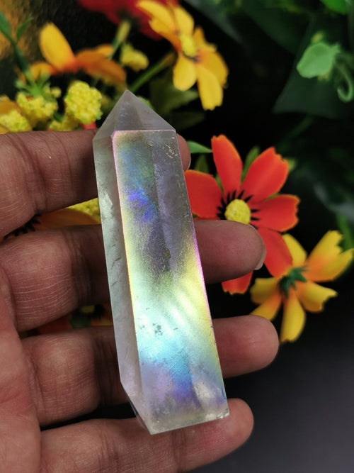 Angel Aura Quartz Point - Manmade crystal with rainbow flash, ideal quartz decor - Shwasam