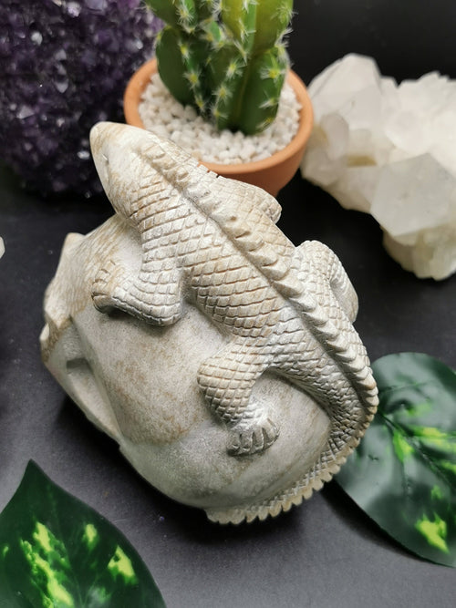 Coral Jasper Skull with lizard on top carving -Incredible craftsmanship - Lapidary Art - Shwasam