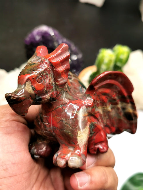 Natural Rainbow Jasper stone carving of Flying Dragon - Hand carved piece 300 gms (0.66 lb) weight and 4.5 in (11.25 cms) - Shwasam