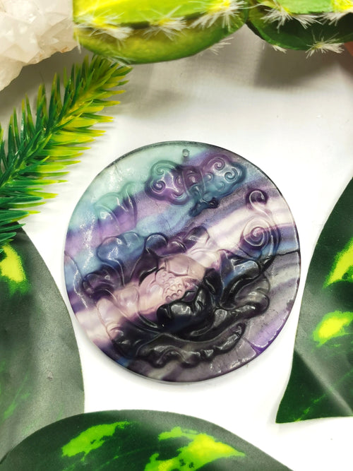 Natural Rainbow Fluorite pendant with flower carving - reiki/chakra/healing/energy - Shwasam