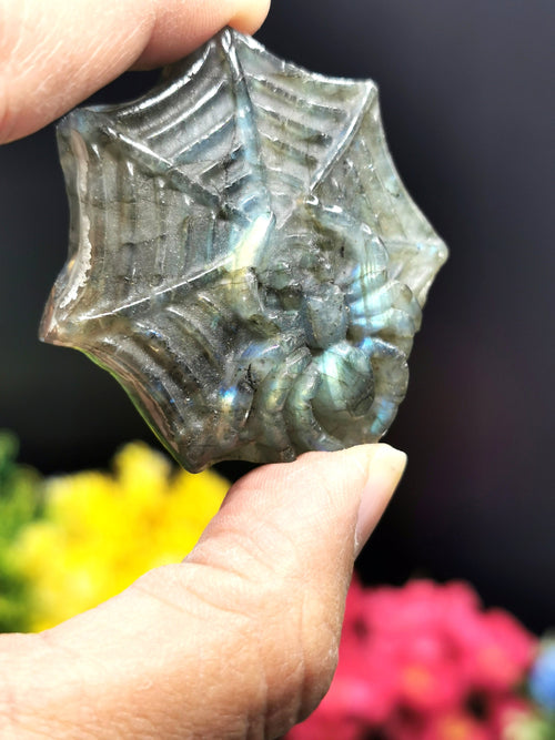 Labradorite stone hand carved spider in web with beautiful blue flash - Shwasam