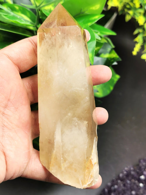 Large Natural Citrine Point/Wand/Tower with wooden stand - reiki/chakra/crystal healing/energy - 5 inches tall and 320 gms (0.70 lb) - Shwasam