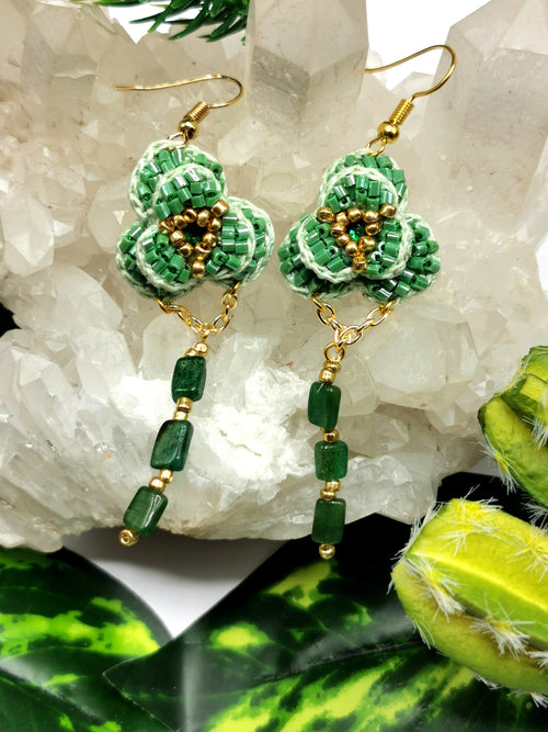 Crochet Flower Earrings with natural aventurine stone - handmade dangle earrings - ideal Birthday/Anniversary/Engagement/Mother's Day gift - Shwasam