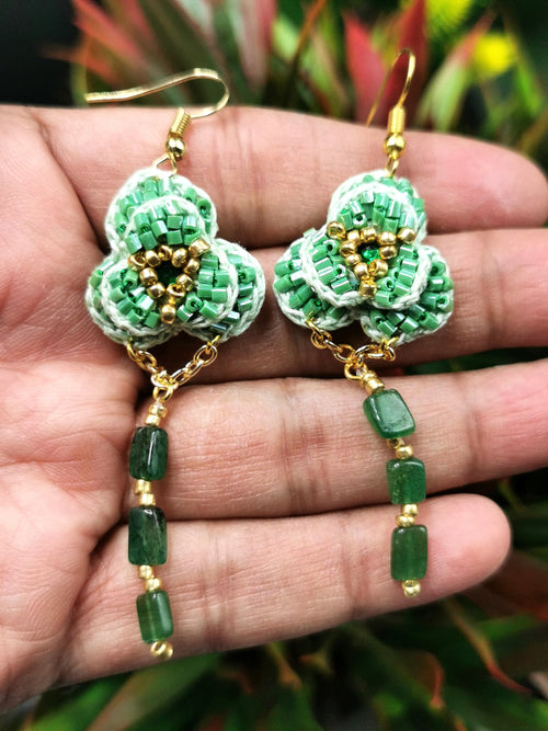 Crochet Flower Earrings with natural aventurine stone - handmade dangle earrings - ideal Birthday/Anniversary/Engagement/Mother's Day gift - Shwasam