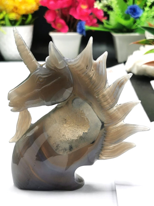 Unicorn in Agate Geode Rock, hand carved crystal gemstone lapidary art for home decor - Shwasam