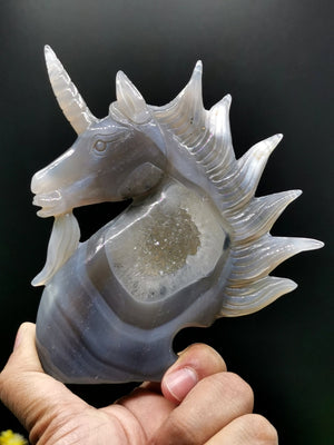 Unicorn in Agate Geode Rock, hand carved crystal gemstone lapidary art for home decor - Shwasam