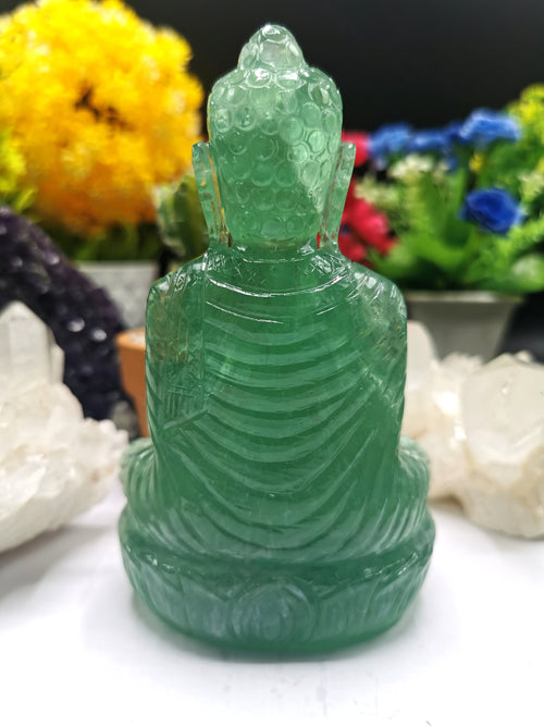 Green Fluorite Buddha - handmade carving of serene and meditating Lord Buddha - lapidary crystal carving 750 gms - Shwasam