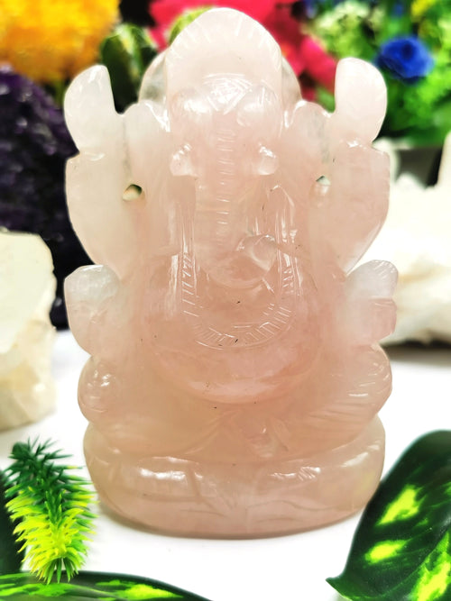 Ganesh Statue in Rose Quartz - Handmade Carving of Lord Ganesha Idol | Sculpture in Crystals and Gemstones - 540 gms - Shwasam