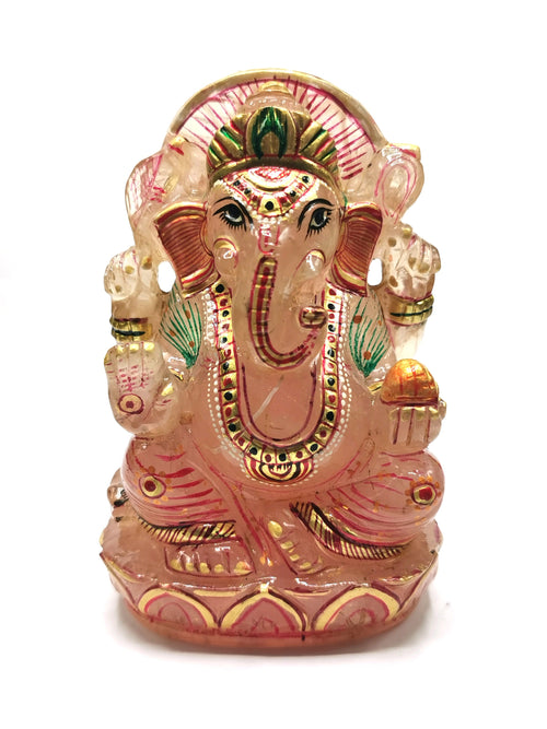 Rose Quartz Handmade Carving of Ganesh with handpainting - Lord Ganesha idol in Crystals and Gemstones 515 gms - Shwasam