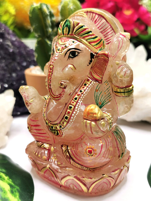 Rose Quartz Handmade Carving of Ganesh with handpainting - Lord Ganesha idol in Crystals and Gemstones 515 gms - Shwasam