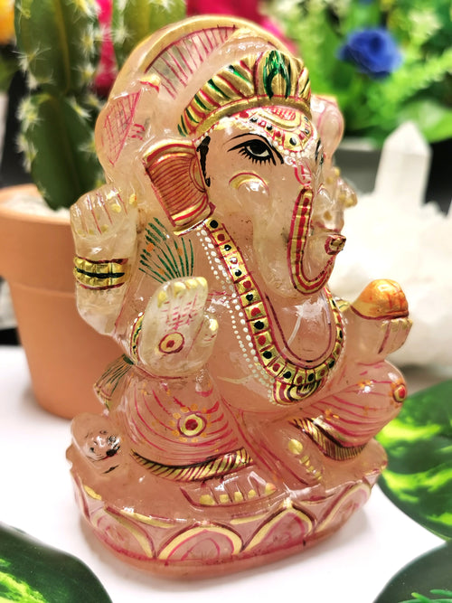 Rose Quartz Handmade Carving of Ganesh with handpainting - Lord Ganesha idol in Crystals and Gemstones 515 gms - Shwasam