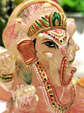 Rose Quartz Handmade Carving of Ganesh with handpainting - Lord Ganesha idol in Crystals and Gemstones 515 gms - Shwasam