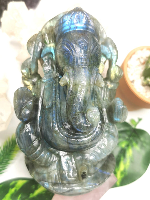 Ganesha Statue in Labradorite - Handmade Carving of Lord Ganesha Idol | Sculpture in Crystals and Gemstones 1.17kg - Shwasam