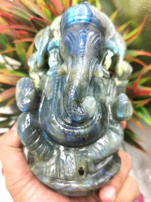 Ganesha Statue in Labradorite - Handmade Carving of Lord Ganesha Idol | Sculpture in Crystals and Gemstones 1.17kg - Shwasam