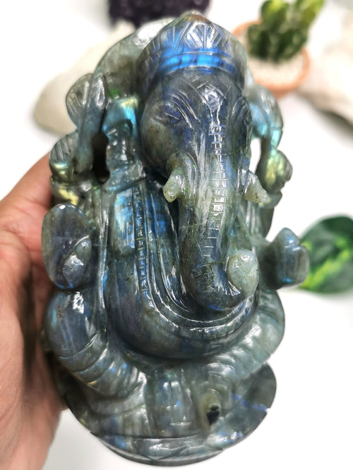 Ganesha Statue in Labradorite - Handmade Carving of Lord Ganesha Idol | Sculpture in Crystals and Gemstones 1.17kg - Shwasam