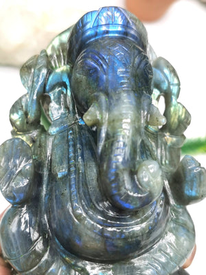 Ganesha Statue in Labradorite - Handmade Carving of Lord Ganesha Idol | Sculpture in Crystals and Gemstones 1.17kg - Shwasam