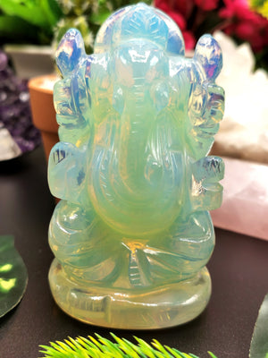 Ganesh Statue in Opalite - Handmade Carving of Lord Ganesha Idol | Sculpture in Crystals and Gemstones - 350 gms - Shwasam