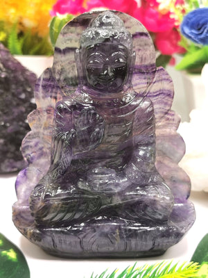 Multicolor Fluorite Buddha Statue, handmade carving of Lord Budha - crystal healing 525 gms - Shwasam