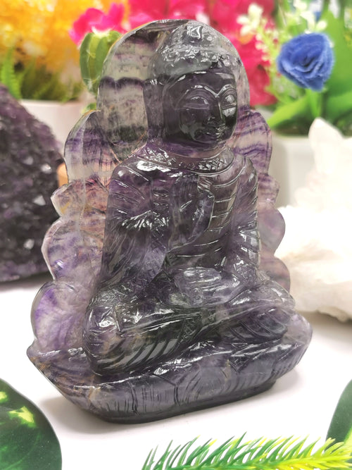 Multicolor Fluorite Buddha Statue, handmade carving of Lord Budha - crystal healing 525 gms - Shwasam