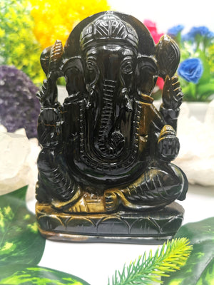 Blue Tiger Eye Handmade Carving of Ganesh - Lord Ganesha Idol | Sculpture in Crystals/Gemstones - Shwasam