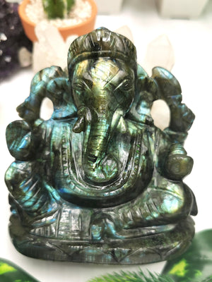 Ganesh Statue in Labradorite stone - Handmade Carving of Lord Ganesha Idol | Sculpture in Crystals Lapidary Art 0.96kg - Shwasam