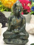 Labradorite Buddha Statue - handmade carving of meditating Lord Budda - crystal lapidary art 540 gms - Shwasam