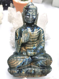 Labradorite Buddha Statue - handmade carving of meditating Lord Budda - crystal lapidary art 540 gms - Shwasam