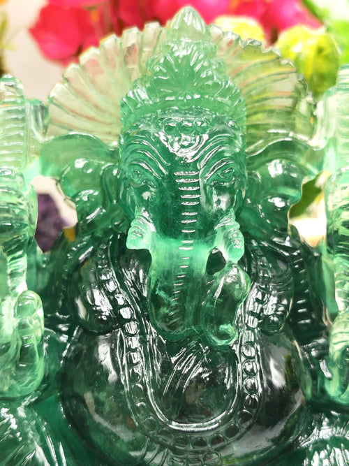 Green Fluorite Ganesh Statue Handmade Carving of Lord Ganesha Idol / Sculpture in Crystals and Gemstones - 1.66kg Lapidary Carving - Shwasam