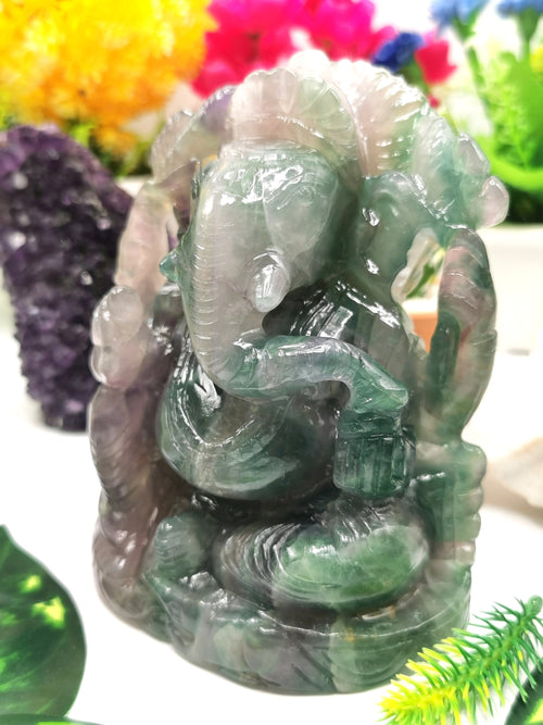 Multicolor Fluorite Handmade Carving of Ganesh -Lord Ganesha Idol/Statue in Crystals and Gemstones 1250 gms - Shwasam